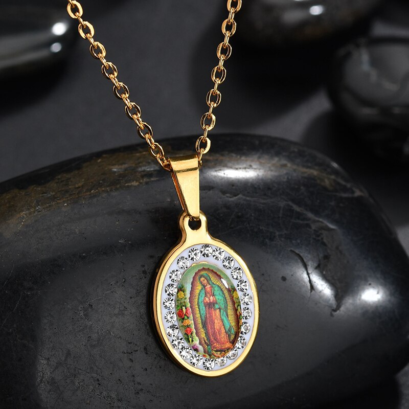 Uzone religiøs jomfru maria vedhæng amulet halskæde rustfrit stål kristne smykker cz sten bøn halskæder til kvinder krave