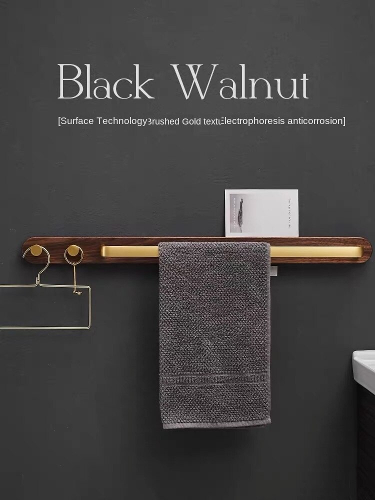 Black walnut bathroom towel hanger Bath towel rack multistory shelf wood towel rod aluminium alloy towel shelf brushed gold