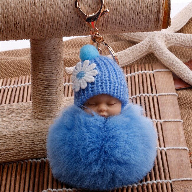Söta sovande baby docka nyckelringar för kvinnor väska leksak nyckelring fluffiga pom pom päls plysch nyckelringar: Blå