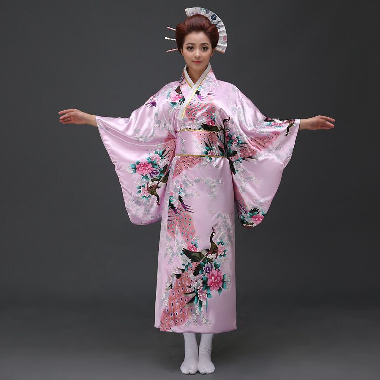 Rød vintage japanske damer kimono badekåpe kvinners faux silke yukata med obi ytelse dans kjole cosplay klær  h0029: Rosa