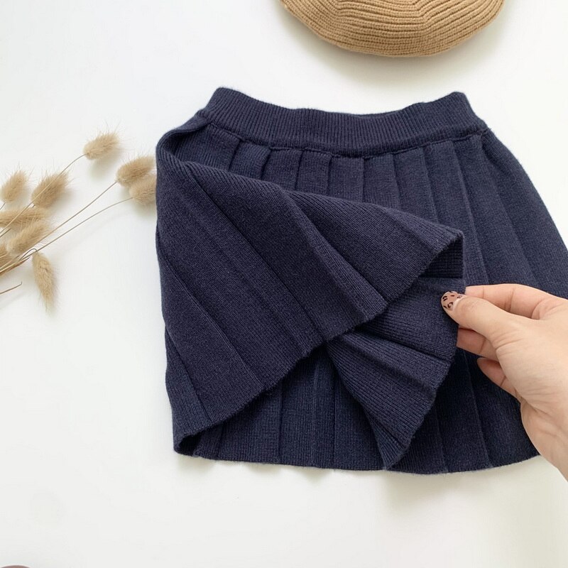 2022 Spring Kid Girl Skirts Covering Yarn Dark Blue Apricot A-line Mini Pleated Skirt Student Style Children Clothes E216