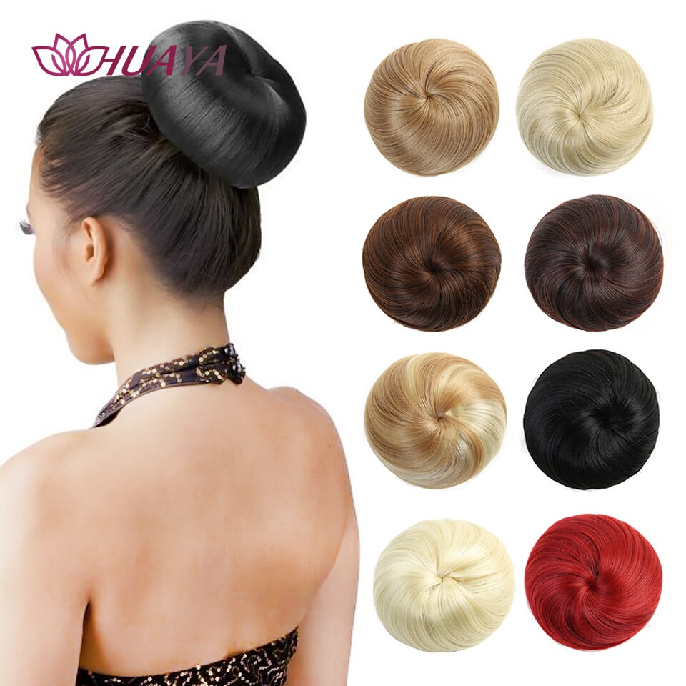 HUAYA Synthetic Straight Bun Hair Chignon Donut Roller Elastic Drawstring Hair Extensions Bun Heat Resistant Fiber Hairpieces