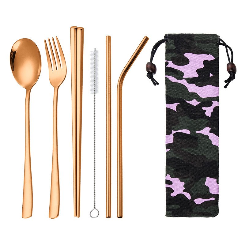 Portable Travel Stainless Steel Utensils Cutlery Set with Spoon,Fork,Chopsticks,Straw 6pcs: rose gold 6pcs