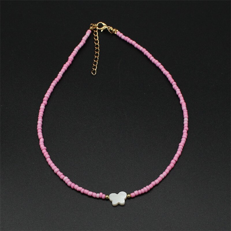 Colorful Beads Choker Women Shiny Pearl Shell Butterfly Pendant Necklace Double Layer Clavicle Chain Jewelry Accessories: 10