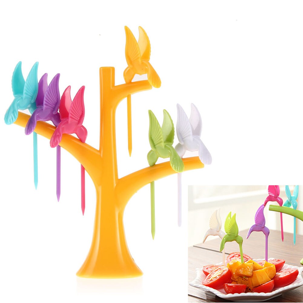 6PCS Multifunction Tree Shape Forks Holder Flying-Bird Forkes Fruit Fork Cartoon Snack Cake Dessert Food Fruit Toothpick Lunch