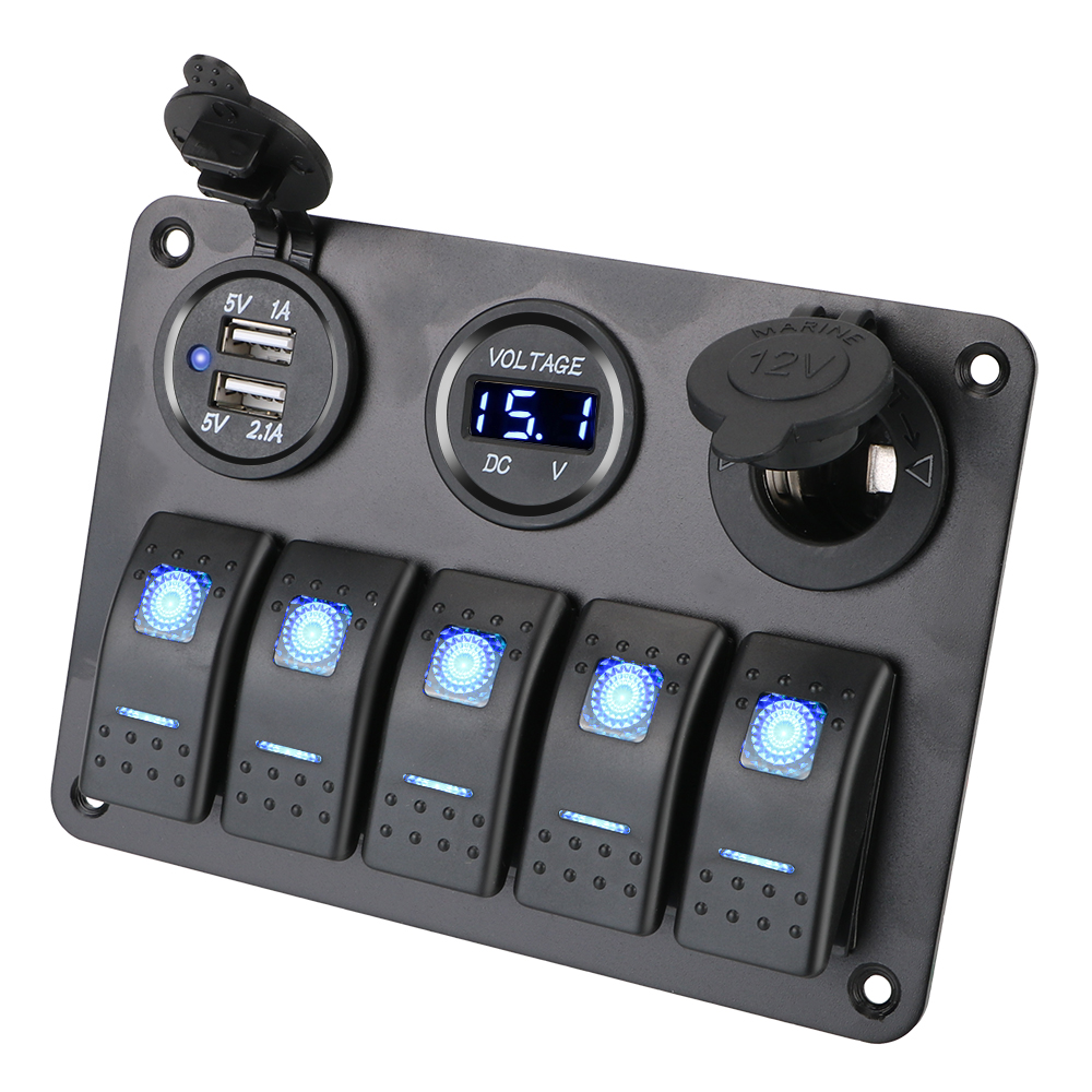 Digital spenning dobbel usb-spor stikkontakt vanntett 5- gangs led vippebryterpanel 12/24v uttak kombinasjon med sikring