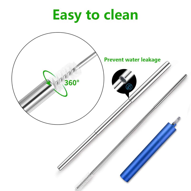 Paille télescopique en métal, réutilisable, pliable, portable, en acier inoxydable, avec brosse et étui pour les voyages en extérieur