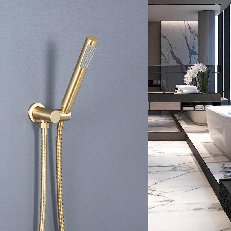 Brushed Gold Hand Shower Bathroom Handhold Water Saving Shower Head Round Square Wall Mount Holder Shower Hose Bath Hand Sprayer