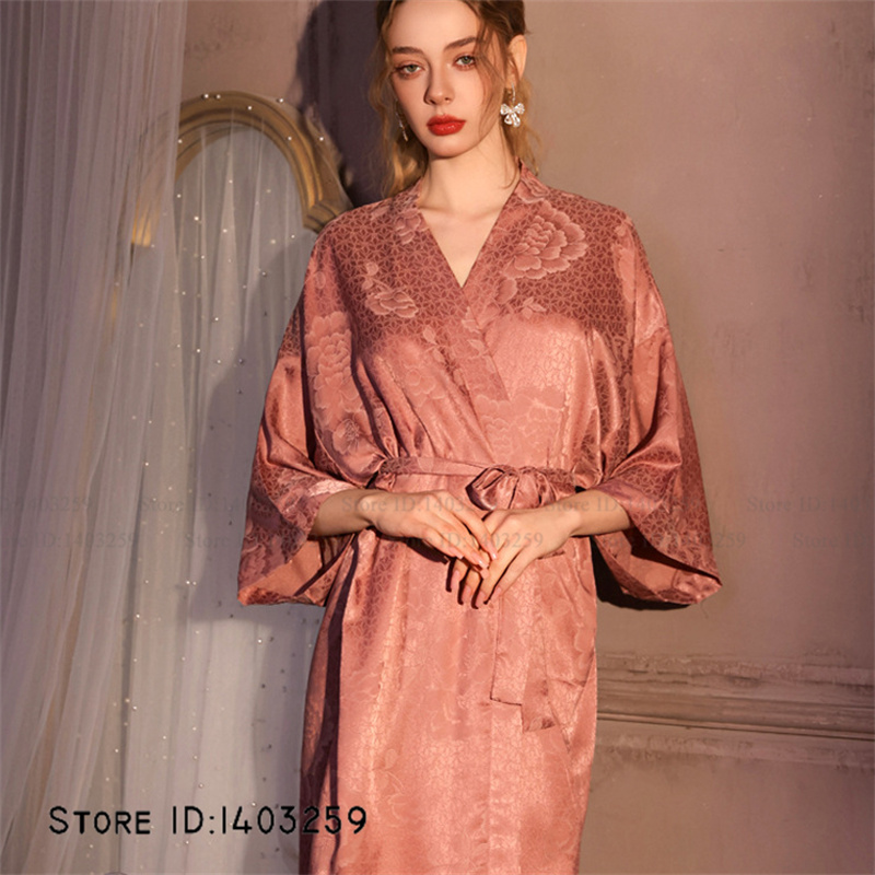 Chinese Style Jacquard Long Robe Nightgown Silk Satin Kimono Bathrobe Gown Spring Summer Sleepwear Home Dress Pajama: 3XL / Beige