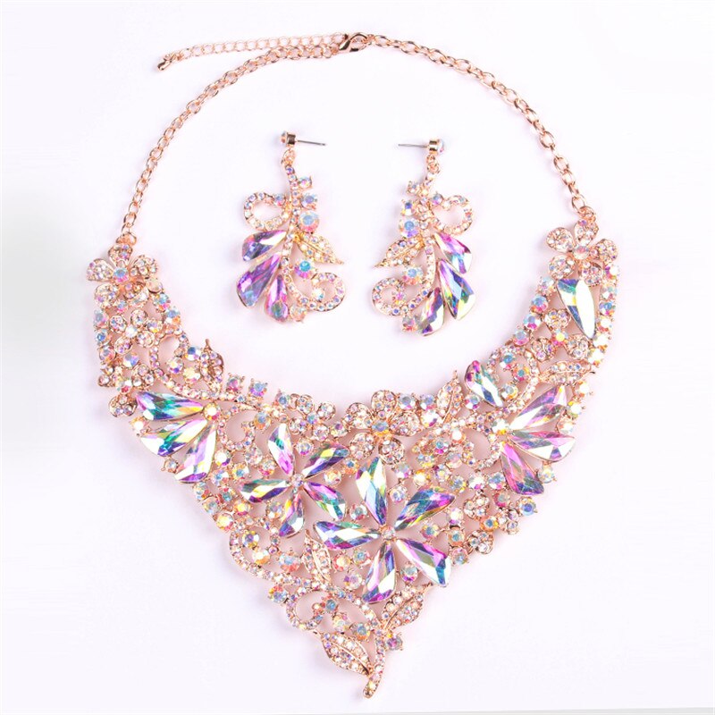 Wedding Jewelry For Women Bridal Crystal Necklace Earring Sets Charm Five-leaf Flower Luxurious Jewelry Valentine&#39;s Day