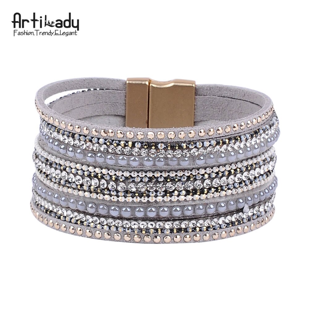 Artilady leder armreifen mit kristall luxus armreifen magnet armband frauen schmuck: light gray