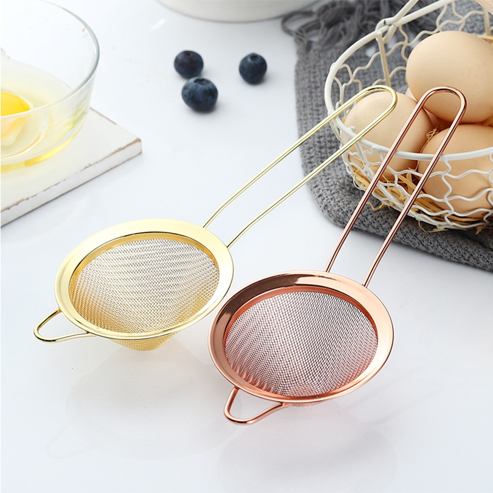 Stainless Steel Kitchen Handheld Screen Mesh Strainer Rose Gold Flour Sieve Cooking Oil Strainer Colander Kitchen Accessories