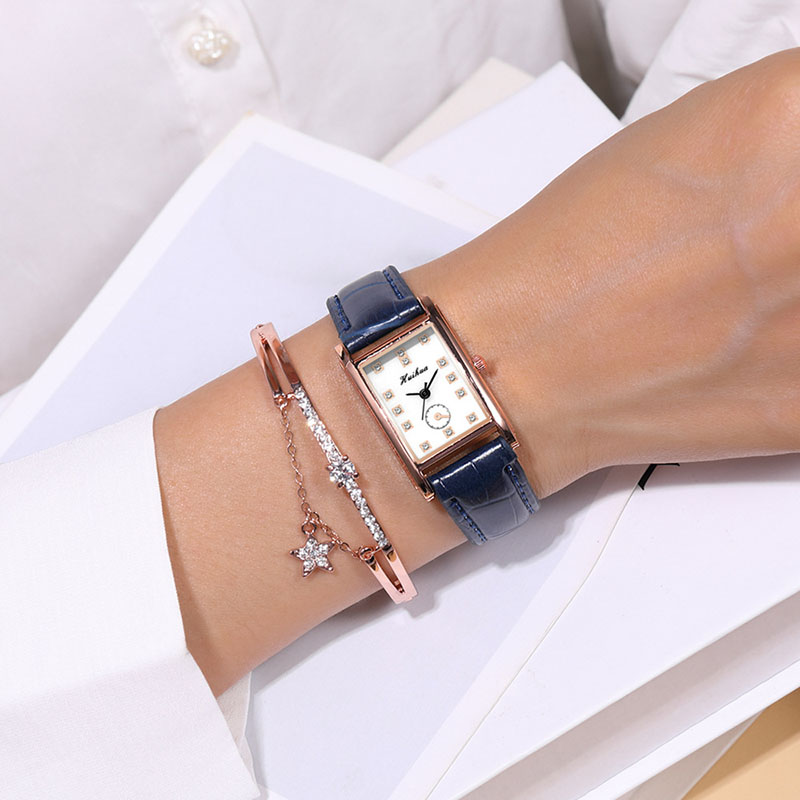Reloj de correa de cuero fino para mujer, pulsera de mano rectangular con diamantes de imitación, a la , para estudiantes