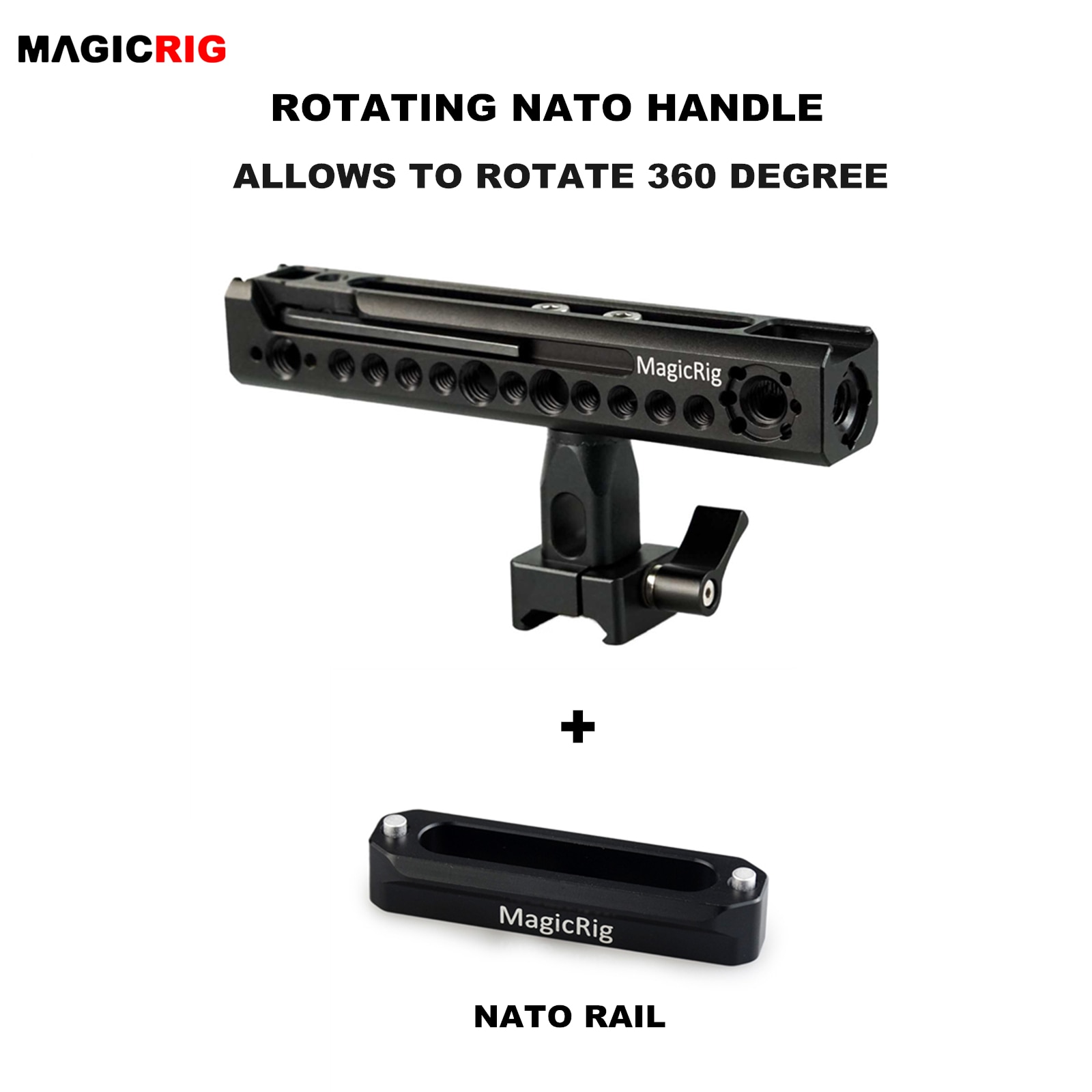 MAGICRIG impugnatura rotante NATO impugnatura laterale impugnatura con attacco per pattino freddo e punto di posizionamento per arre per fotocamera DSLR, gabbia per fotocamera