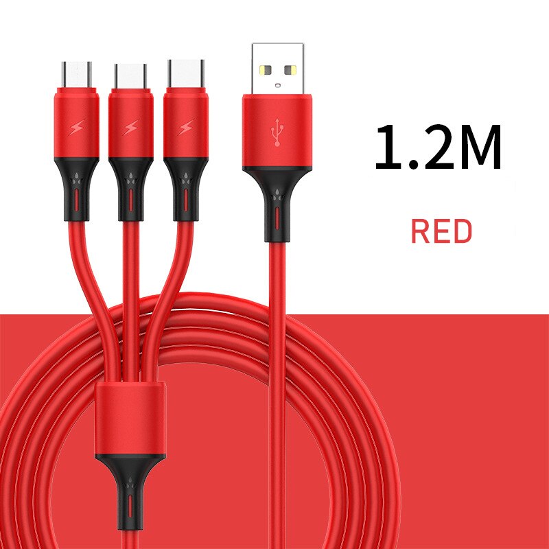 3 in1 2.4A USB Type C Fast Charging Data Cable One For Three Apply To Android Apple Type-C Smartphone 1.2m Nylon Braided Wire: B-RED