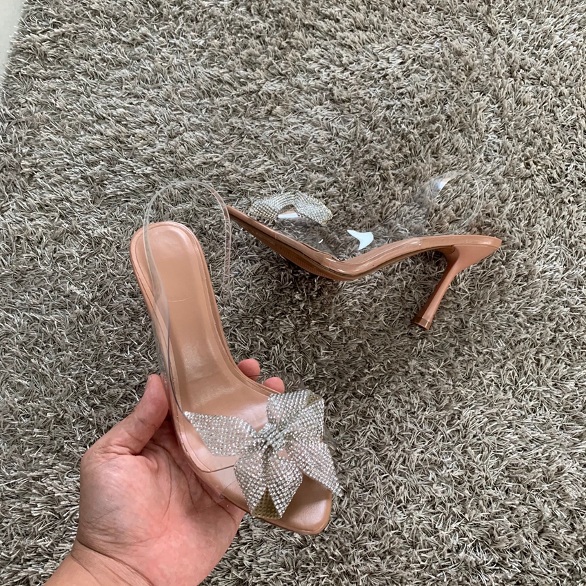 2024 Dames Hoge Hakken Sandaal Schoenen Vrouw Strass Strik Sandalen Vrouwen Pumps Zomer Feest Slippers Vlinder Knoop Trouwschoen