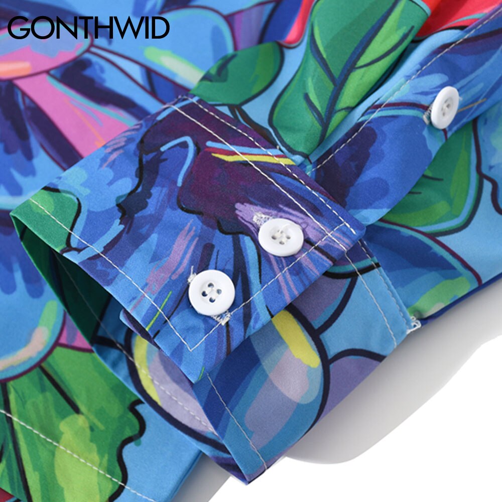 Gonthwid Rose Bloemen Print Bloemen Hawaiian Strand Shirts Streetwear Mannen Hip Hop Harajuku Lange Mouw Knop Party Blouse Tops