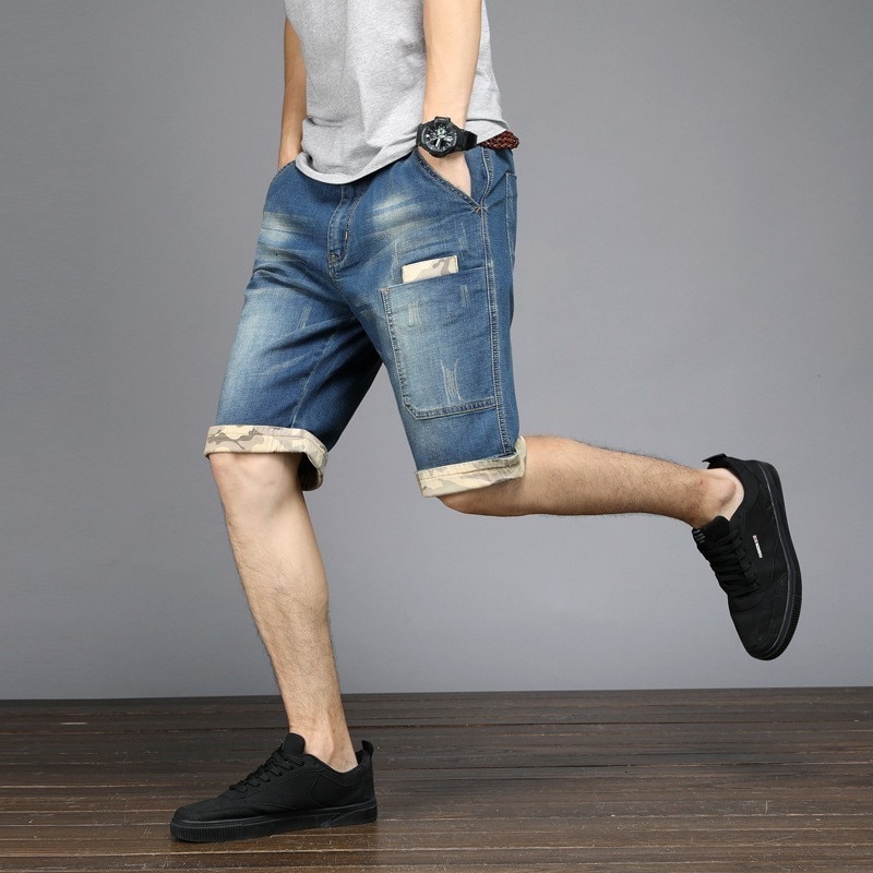 Sommer Herren Plus Größe 48 Knie Länge Kurze Jeans Stretch Casual Lose Fit Denim Shorts Taschen Streetwear Jeans Bermuda Shorts