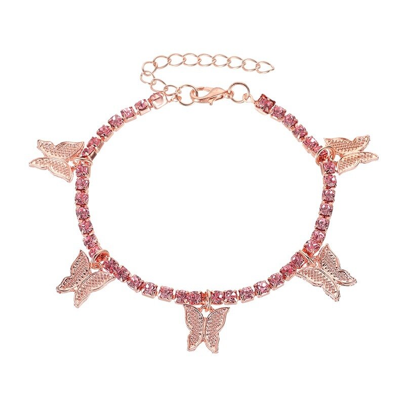 Schattige Kleine Vlinder Charm Enkelband Foot Sieraden Voor Vrouwen Hip Hop Cubaanse Link Chain Iced Out Enkelbandje Vlinder Sieraden: Rose Gold