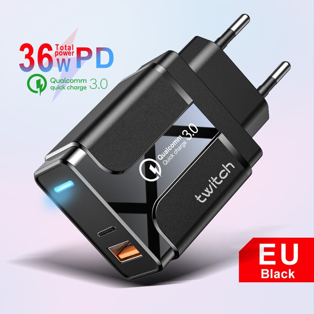 Twitch Quick Charge 3.0 18W PD USB Wall Charger for Samsung Xiaomi iPhone 11 Pro X Charging UK Adapter Fast Mobile Phone Charger: EU Black