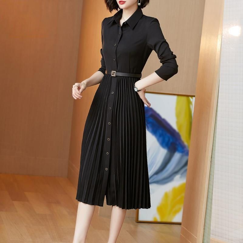 Dress Women Autumn Long Sleeve Black Pleated Dress Female Turn Down Collar Chiffon Black Clothes Office Lady Dress