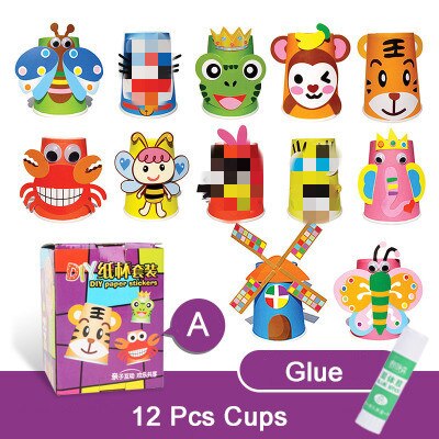 12 Stuks Kinderen 3D Diy Handgemaakte Papier Cups Sticker Materiaal Kit Hele Set Kids Kleuterschool School Art Craft Educatief Speelgoed gyh: 12 DW with box GTJ