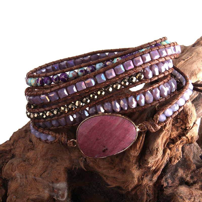 RH Leder Boho Armbander Grün Gemischt Natürliche Steine Charme 5 Stränge Perlen wickeln Armbänder: rot Violett