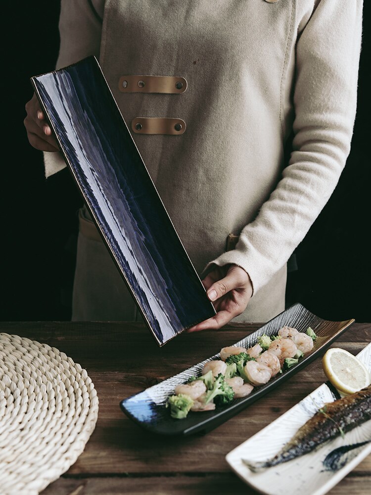 Plato de Sushi rectangular de cerámica, plato de cocina japonesa, plato para pastelería, plato largo pintado a mano, plato de sashimi saury
