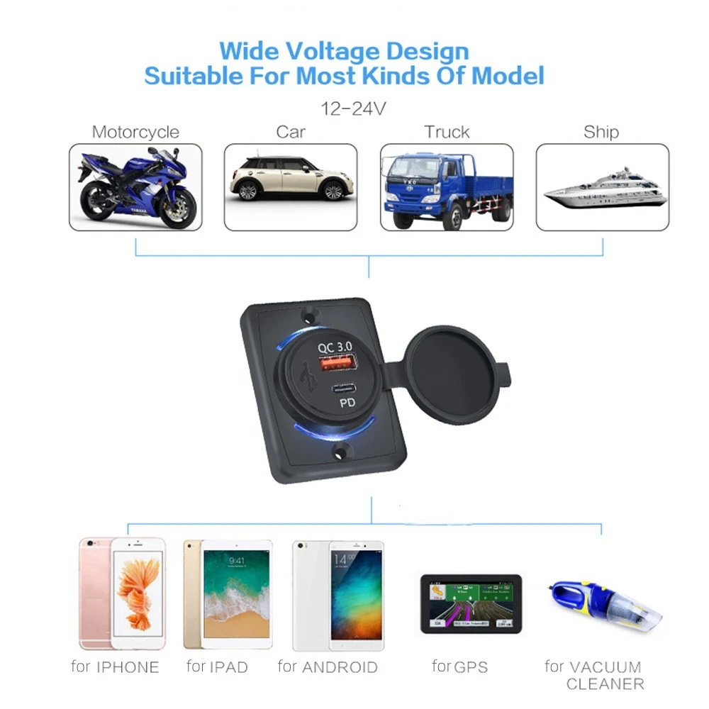 Cargador Usb Pd Qc 3,0 de carga rápida con cubierta, cargador Usb con luz Led de carga rápida resistente al agua de 38W para coches, barcos, autobuses y vehículos recreativos