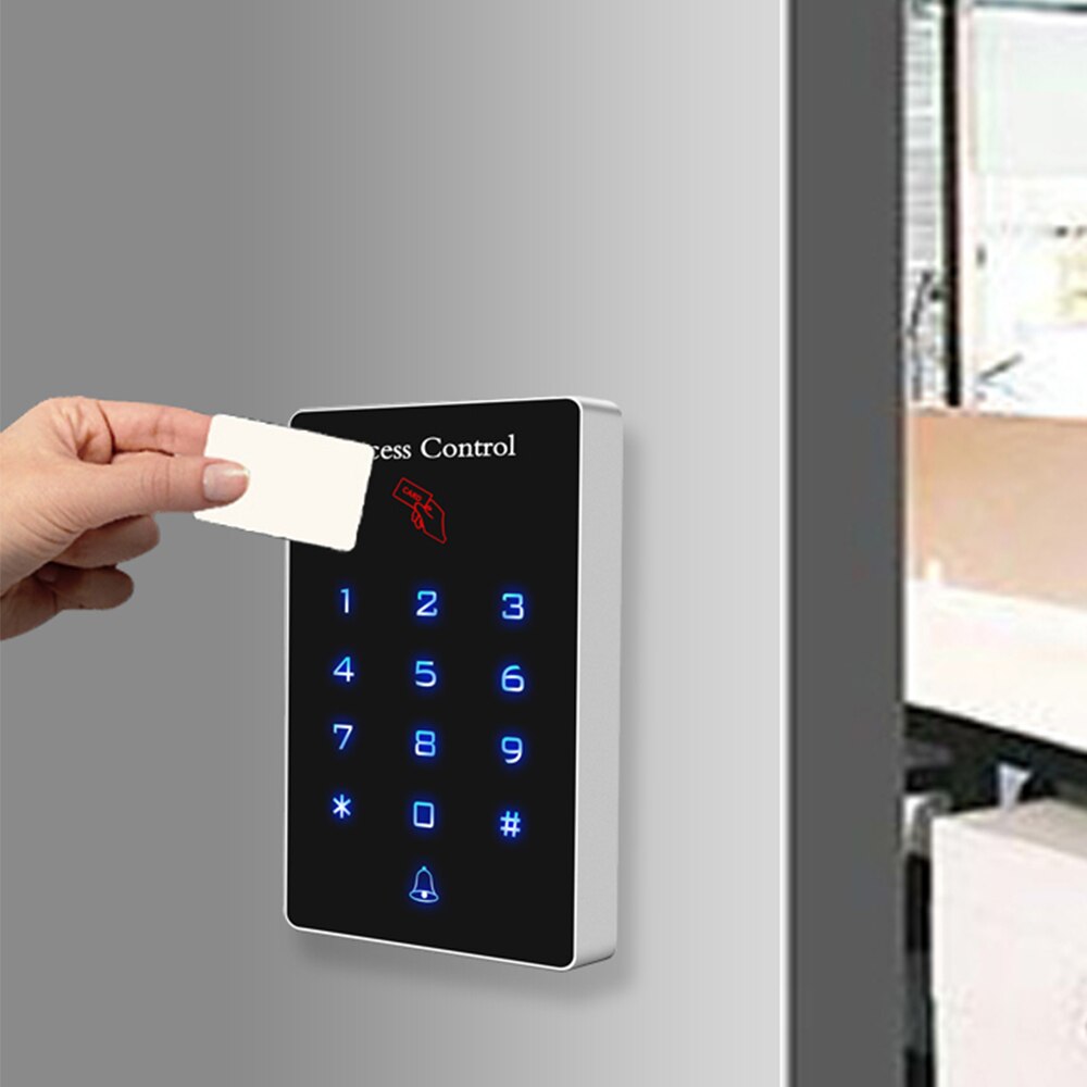 Baggrundsbelysning touch 125 khz rfid-kort adgangskontrol tastaturlæser dørlåsåbner wiegand 26 udgangsdør adgangskontrolsystem