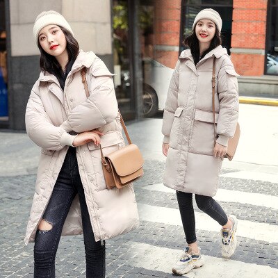 Vinter gravidjacka casual solid tjock varm lång luva parkas jackor gravid ficka snö lösa kappor m -3xl: Beige / M
