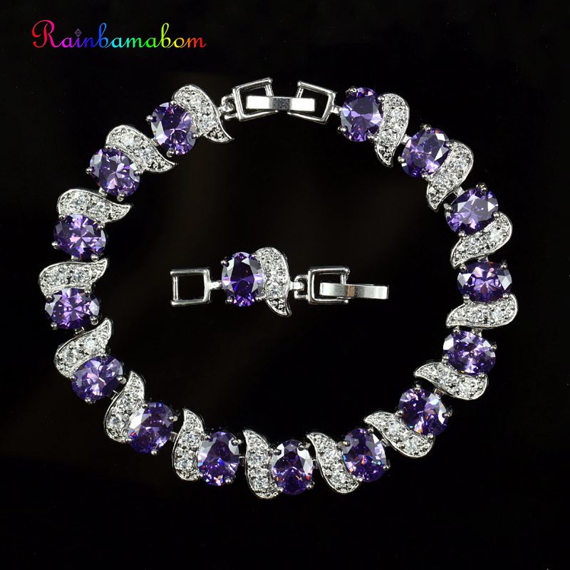 Rainbamabom 925 Sterling Zilver Gemaakt Moissanite Amethist Edelsteen Bangle Manchet Charm Diamanten Armbanden Fijne Sieraden