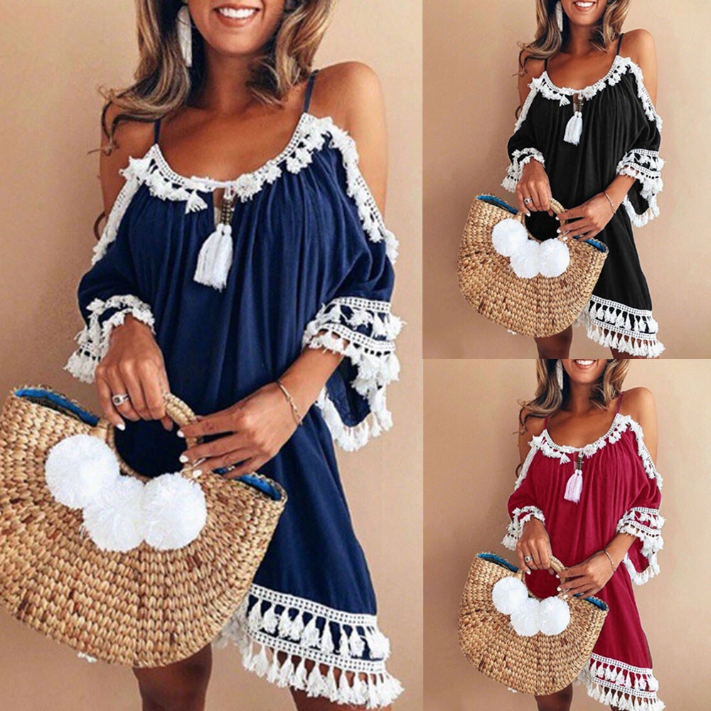 Women Off Shoulder Dress Tassel Short Cocktail Party Beach Dresses Sundress strand jurkjes beach summer outing in summer#1