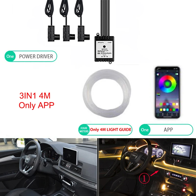 Iluminación LED ambiental de neón para coche, 6 en 1, 8m, RGB, tira de luz Interior de ambiente, Control por aplicación de fibra óptica, Lámpara decorativa LED automática: Rojo / 4300 K blanco amarillo