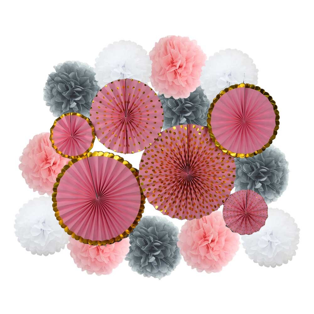 Lente Party Favor Goud Groen Set Vouwen Opknoping Papier Pom Pom Fans Baby Shower Kids Meisje Jongen Verjaardag Decoratie: Grey Pink Set