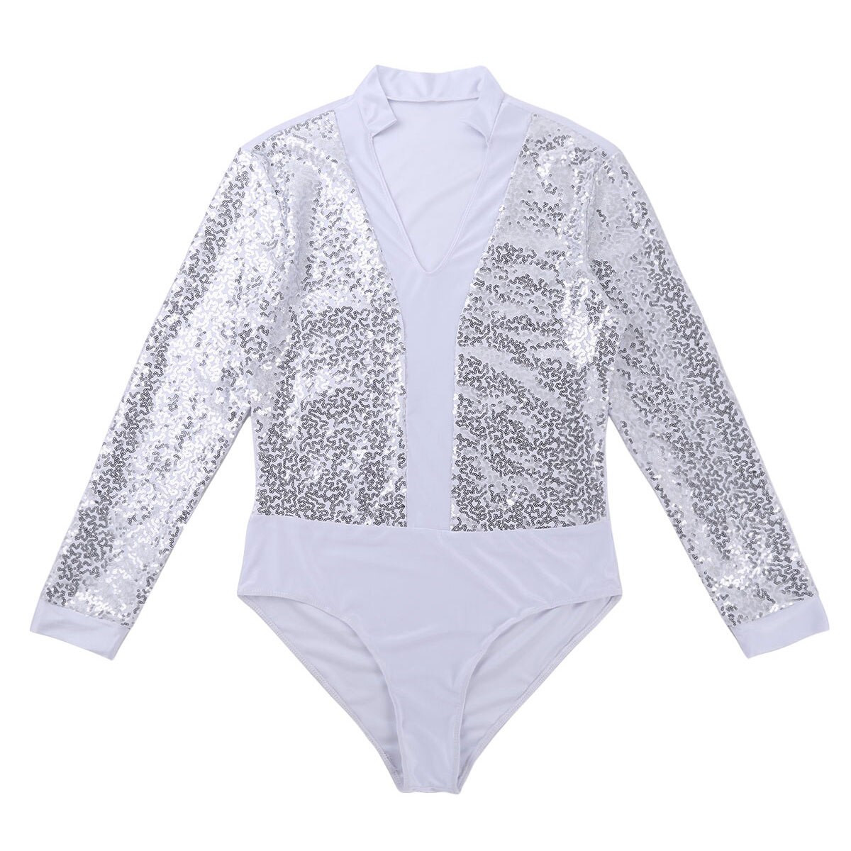 Camiseta de baile de Ballet latino de lentejuelas para hombre, leotardos de manga larga, mono de gimnasia de corte alto, mono de salón para adulto, Ropa de baile: White / XXL