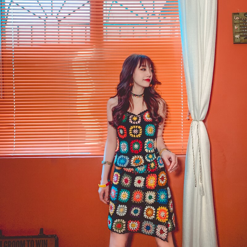 Handmade Crochet Bohemian Tops and Skirt Two-Pieces Suit Mini Dress Vintage Women Beach Cover up Chic Skirt A532