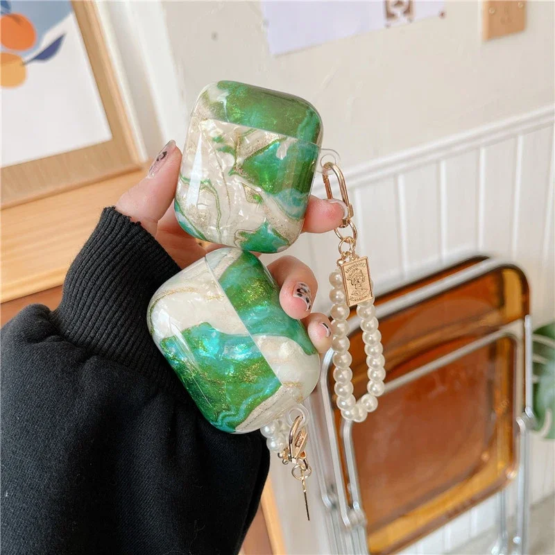 Para Apple AirPods 4 2 3 Pro funda de lujo verde Esmeralda mármol brillante funda para auriculares para AirPods 4 funda lindo corazón perla llavero