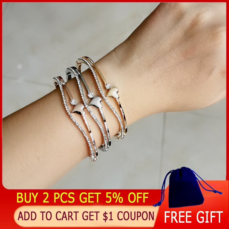 SINLEERY Romantic Rhinestone Heart Bangle For Women Rose Gold Silver Color Wedding Bracelets Jewelry SL490 SSF