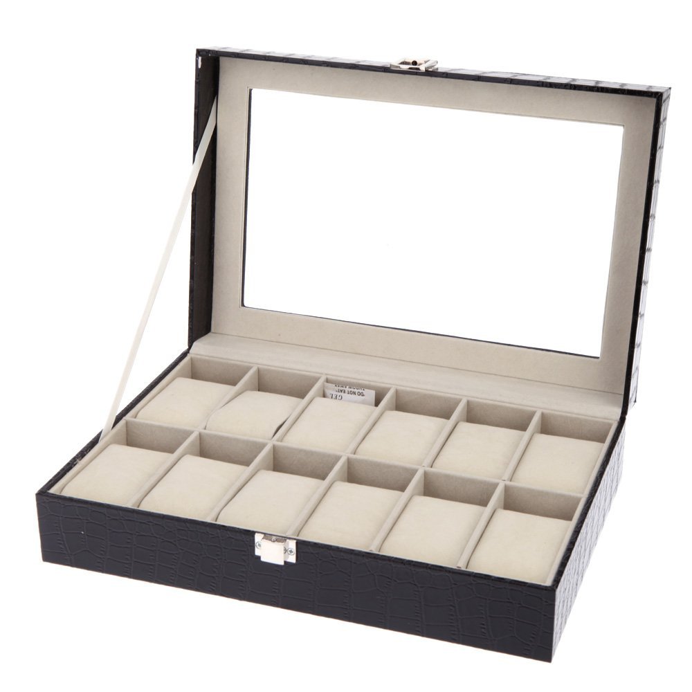 12 Gitter Leder Uhr Vitrine Schmuck Sammlung Lagerung Organizer Kasten Halfter