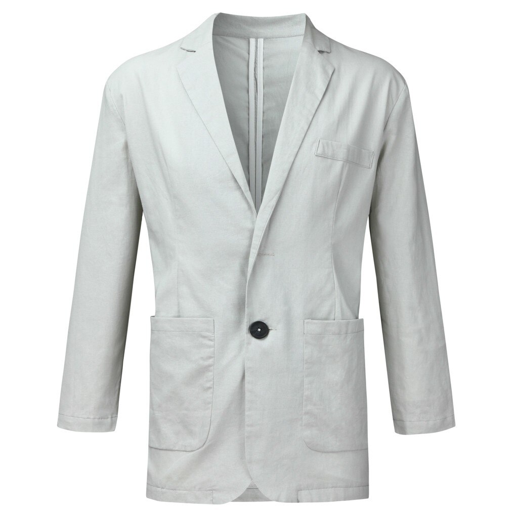 Blazer herredress slim fit linblanding lomme solid langermet dress blazer topper høst vinter yttertøy med knapper: Grå / M