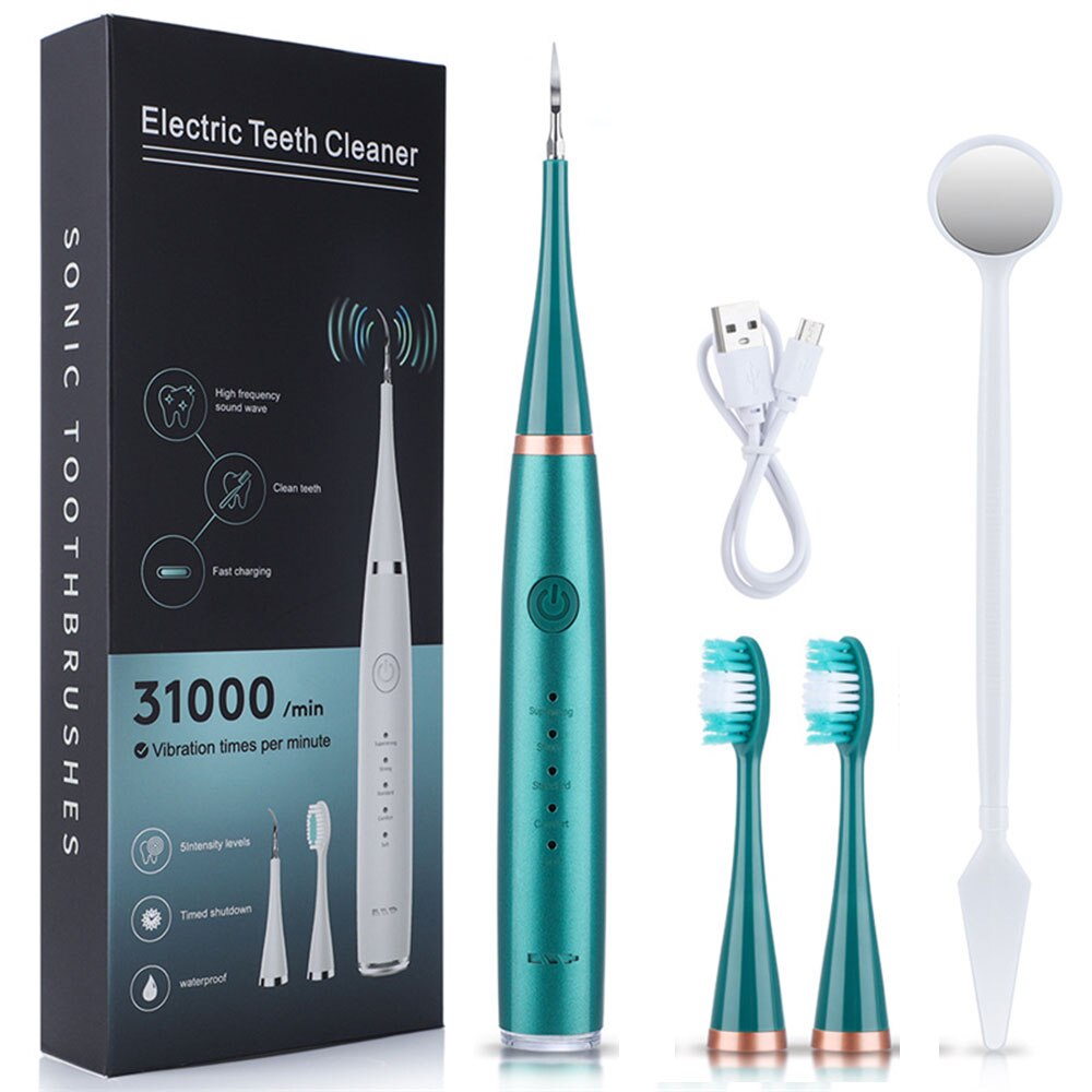 USB Tooth Cleaner Sonic Toothbrush Electric Tooth Brush Scaler 31000rpm Ultrasonic Dental Calculus Remover Cleaner Teeth Care: Green set1