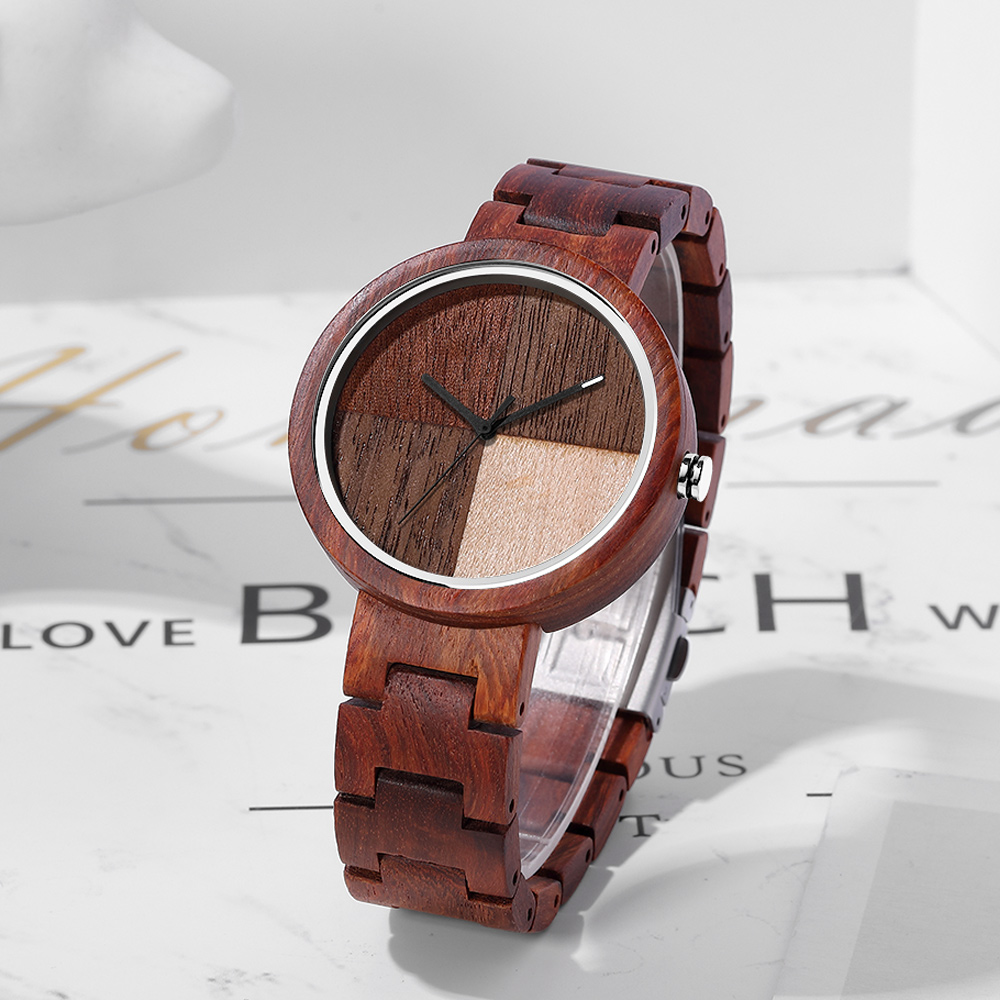 Wooden Quartz Movement Watch Men Lady Symmetrical Color Blocking Dial Wooden Strap Trend Couple Watch 2022 W367