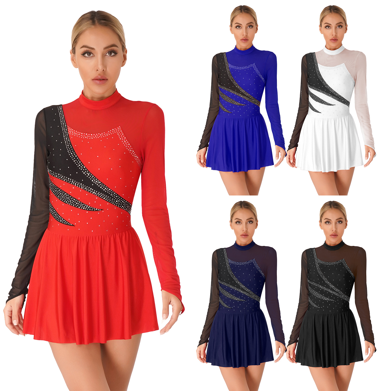 Womens Kunstschaatsen Prestaties Kostuum Ballet Lyrical Dance Gymnastiek Turnpakje Jurk Lange Mouwen Rhinestone Sheer Mesh Tutu