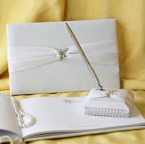 Vit bröllopsgästbok och pennset med vita/röda/lila lila band för bröllopsmaterial: Vit