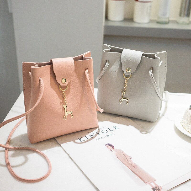 Spring Small Bucket Bag Women Deer PU Leather Shoulder Bag Female Wild Beam Crossbody Bag