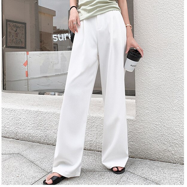2021 pantaloni a gamba larga dritti selvatici retrò in tinta unita primavera femminile nuova moda coreana pantaloni lunghi Casual a vita alta: WHITE / S