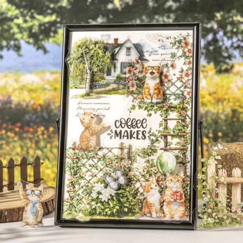 Paquet de 15 autocollants en PET chat violet dans l'arrière-cour, fournitures de clôture, aménagement paysager, clôture solaire chaude, papeterie Scrapbook 152x107mm