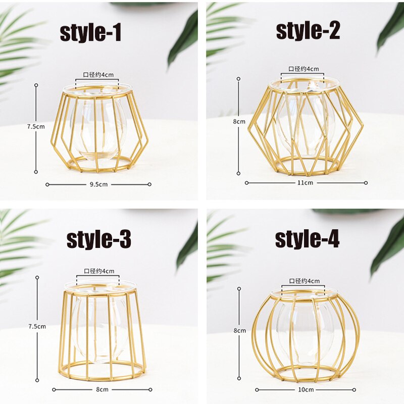 Terrario florero de vidrio dorado nórdico, florero de línea de hierro geométrico hidropónico para plantas, soporte de Metal para plantas, decoración moderna para el hogar