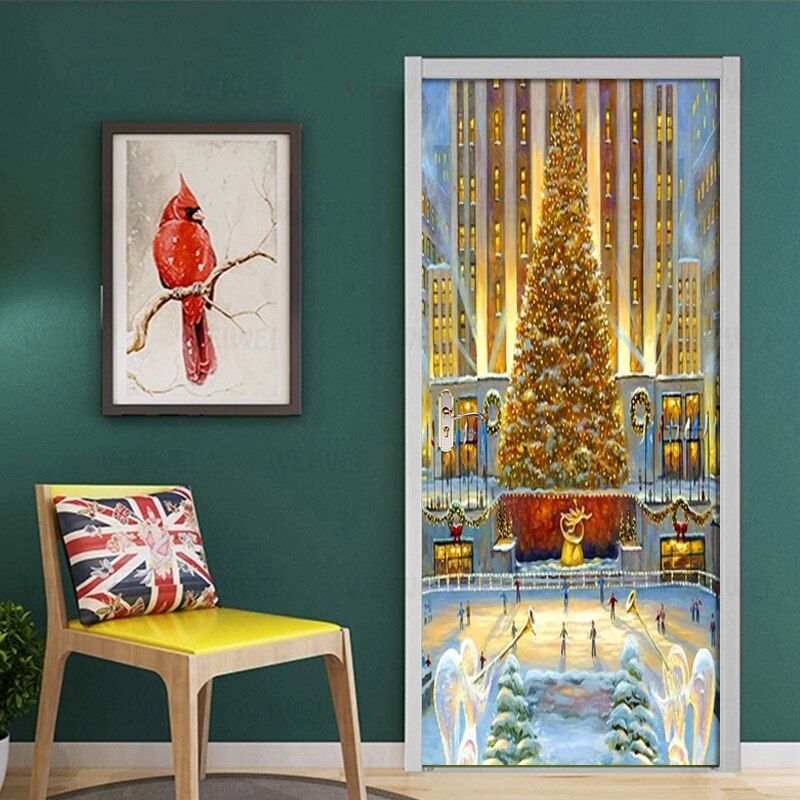 Door Stickers Golden Christmas Tree Waterproof Living Room Bedroom Door Wallpaper Self Adhesive Art Wall Decals 3D Wall Stickers